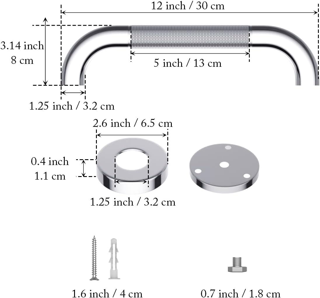 2 Pack 12 Inch Anti Slip Shower Grab Bar 1.25" Diameter,Munzong Stainless Steel Bathroom Grab Bar,Knurled Bathroom Balance Bar,Safety Handrail Support,Handicap Injury Elderly Senior Assist Bath Handle