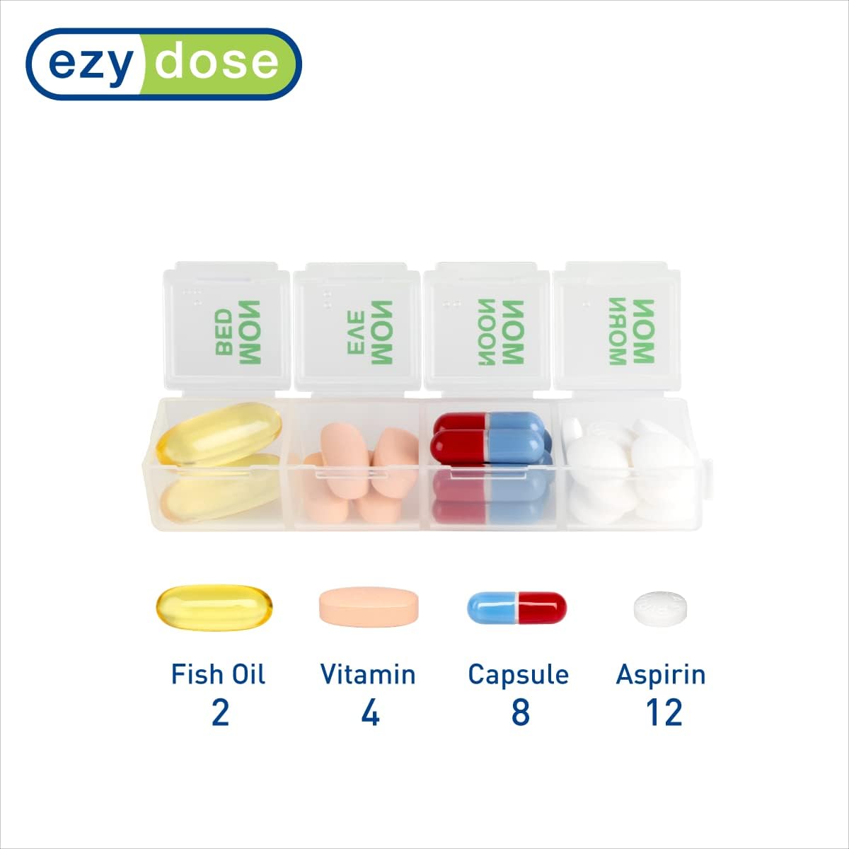 EZY DOSE Weekly (7 Day) 4 Times a Day Push Button Pill Organizer and Vitamin Planner, Removable Daily Pillboxes, Green, Convenient and Easy to Use, Clear Lids, Large, BPA Free