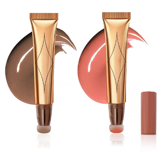 2 Color Contour Beauty Wand, Highlighter ,Face Concealer Contouring with Cushion Applicator Long Lasting & Smooth Matte Finish Liquid Illuminator Makeup Stick (01# Contour&02#Peach Pink)