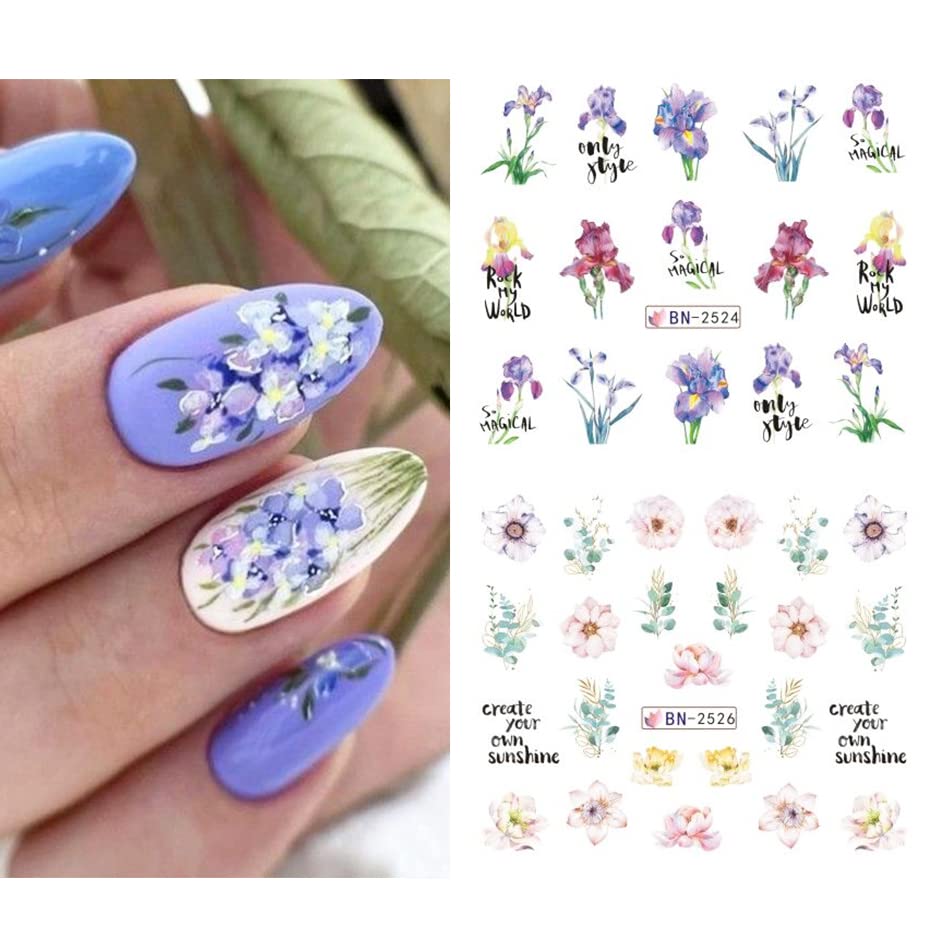 Flower Nail Art Stickers Decals Water Transfer Foils for Nails Art Supplies Spring Summer Tulips Butterfly Floral Design Acrylic Nail Stickers DIY Manicure Nail Decoration for Women 12 Sheets
