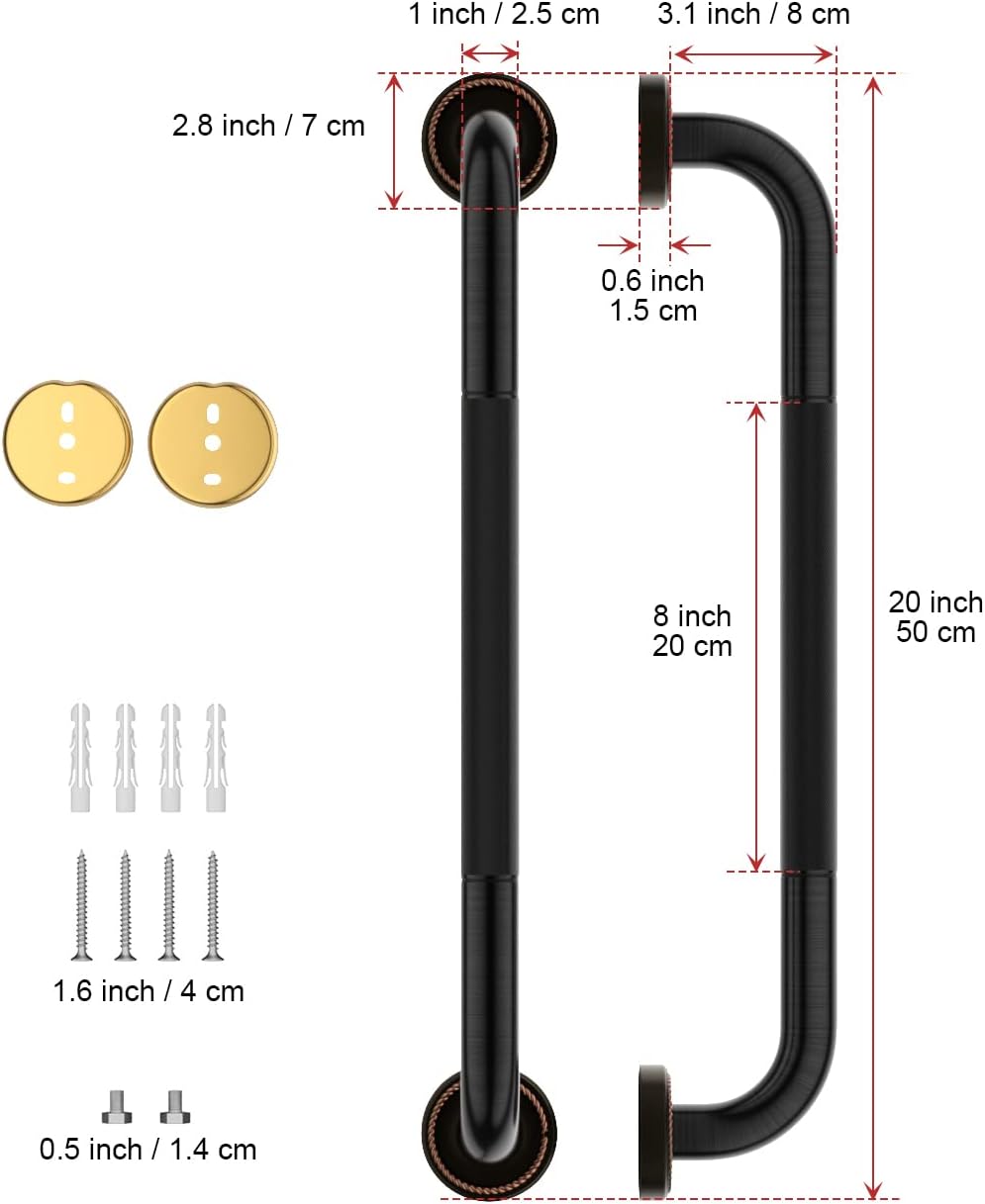 2 Pack 20 Inch Bronze Shower Grab Bar Matte Black, Munzong Antique Brass Bathroom Grab Bar w/Anti-Slip Knurled Grip, Bathroom Balance Bar, Safety Handrail Support, Injury Elderly Senior Assist Handle