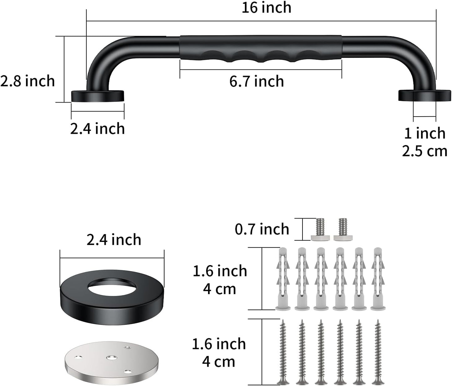 2 Pack 16 Inch Black Shower Grab Bar w/Anti Slip Rubber Grip,ZUEXT Stainless Steel Bath Grab Bar,Bathroom Balance Bar,Wall Mount Safety Handrail Support,Handicap Injury Elderly Senior Assist Handle