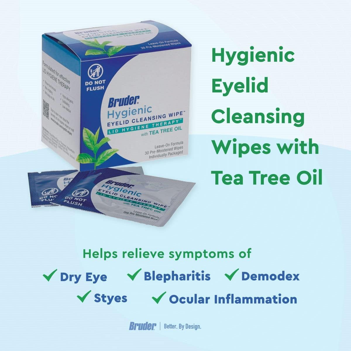 Hygienic Eyelid Cleansing Wipes with Tea Tree Oil l Relief from Demodex l Pre-Moistened, Rinse-Free Exfoliating Wipes Remove Excess Oil and Debris from Eyelids & Lashes l 30 Count Box (2 Pack)