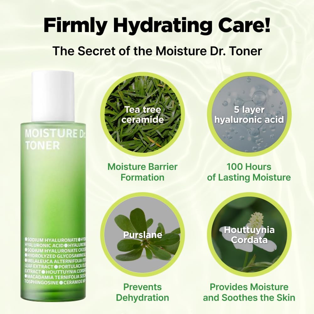 ISOI Moisture Dr. Soothing Toner, Lightweight Hydrating Toner with Tea Tree Ceramide & Hyaluronic Acid for Skin Barrier Support, Korean Skin Care (4.39 fl.oz/130ml)