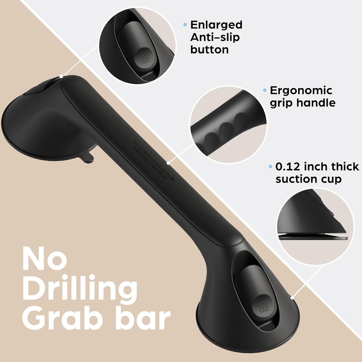 2 Pack 16 Inch Grab Bars for Bathtubs and Showers for Seniors, Heavy Duty Shower Handle for Elderly, Suction Cup Removable Handrails Handicap Bath Grip Bathroom Safety Grips (Black)