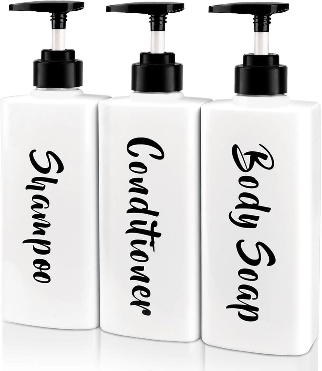 16.9oz Shampoo and Conditioner Dispenser, Refillable Shampoo Bottles with Pump, Empty Plastic Body Wash Dispensers for Bathroom, Printed Soap Bottle for Body and Conditioner (White, Set of 3)