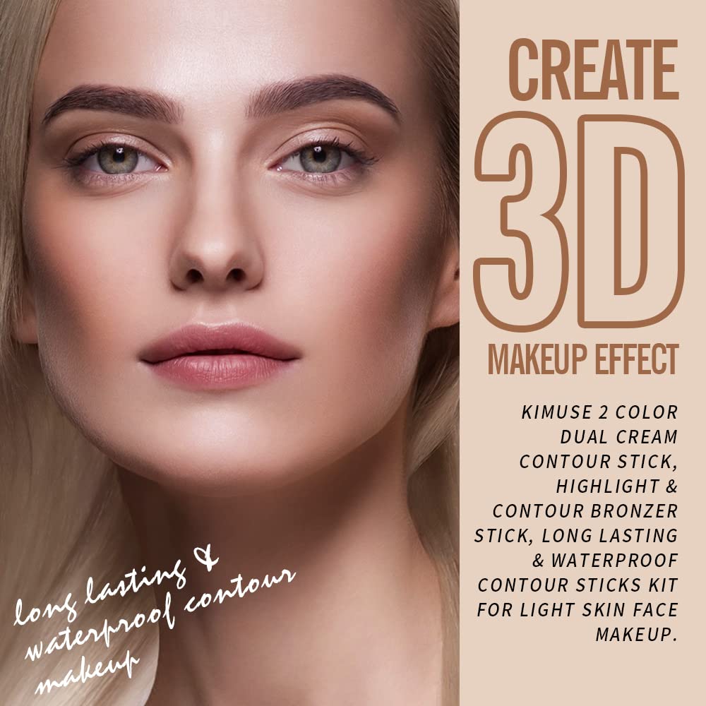 KIMUSE 2Color Dual Cream Contour Stick, Long Lasting & Waterproof Highlight & Bronzer Contour Sticks Kit for Light Skin Face Makeup