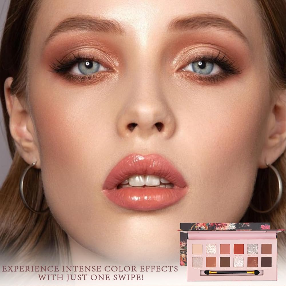 12Colors Eye Shadow Palette With Mirror and Brush,Nude Pink Brown Neutral Natural Eyeshadow Palette,Long Lasting Waterproof Travel Size Makeup Pallete