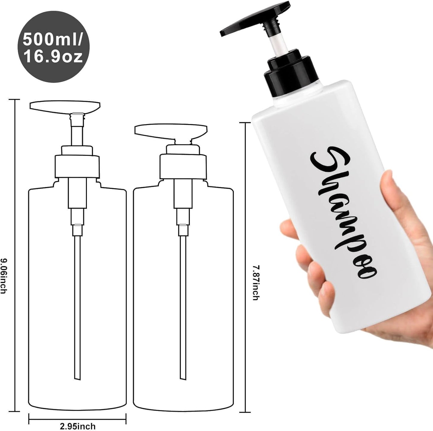 16.9oz Shampoo and Conditioner Dispenser, Refillable Shampoo Bottles with Pump, Empty Plastic Body Wash Dispensers for Bathroom, Printed Soap Bottle for Body and Conditioner (White, Set of 3)