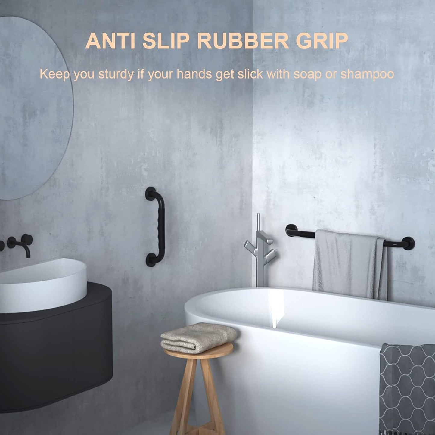 2 Pack 12 Inch Black Shower Grab Bar w/Anti Slip Rubber Grip,ZUEXT Stainless Steel Bath Grab Bar,Bathroom Balance Bar,Wall Mount Safety Handrail Support,Handicap Injury Elderly Senior Assist Handle