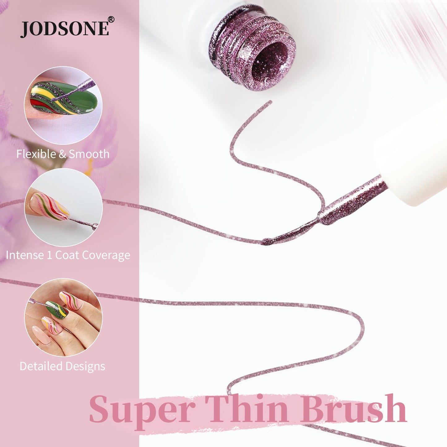 JODSONE Nail Art Gel Liner Set 10 Colors Glitter Purple Gold Green Gel Nail polish Need U V Lamp Cured with Thin Brush at Home Salon Design