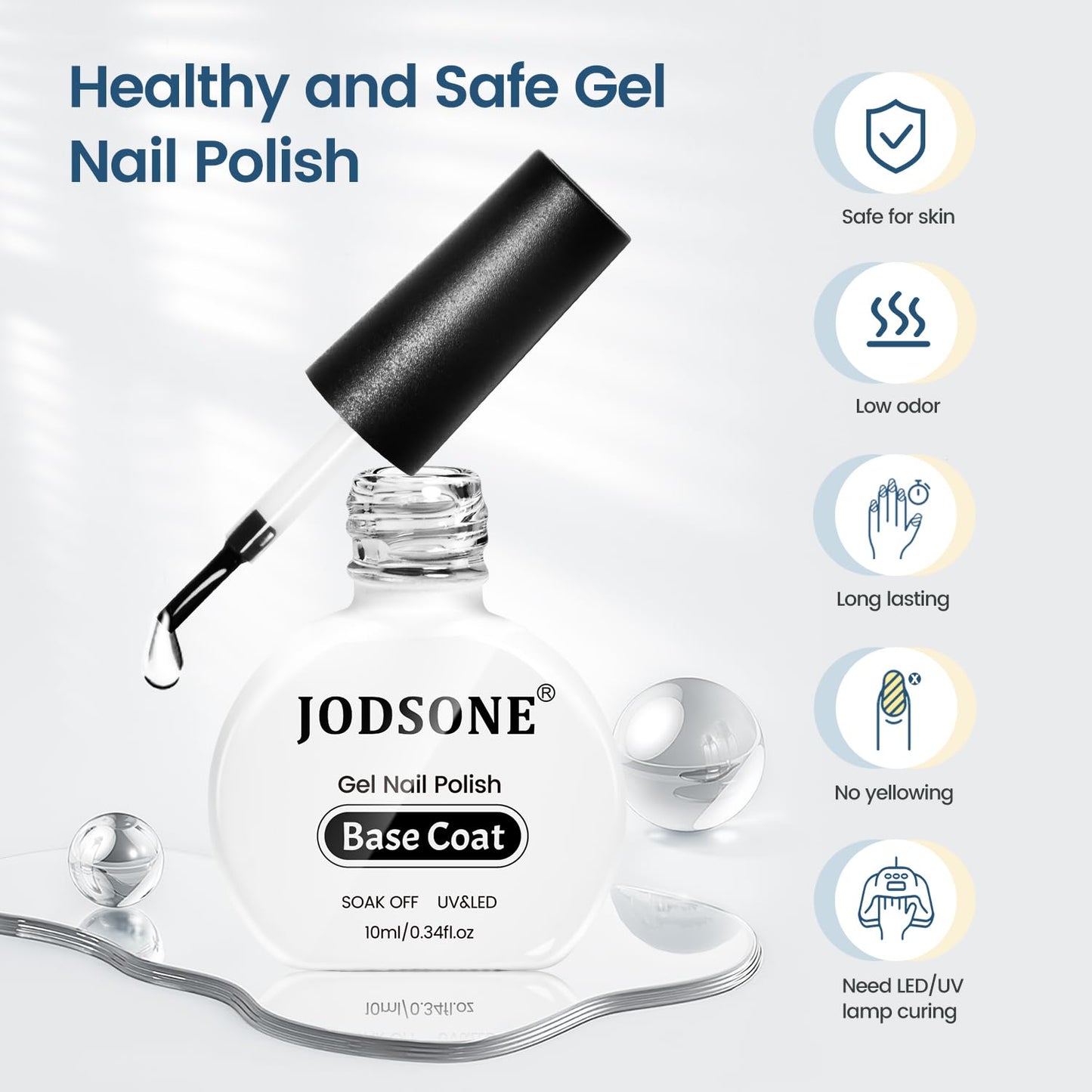 JODSONE 10ml Base Coat Gel Nail Polish Glossy Durable Gel Soak Off Clear No Wipe Nail Salon and DIY Home Need U V Lamp Curing