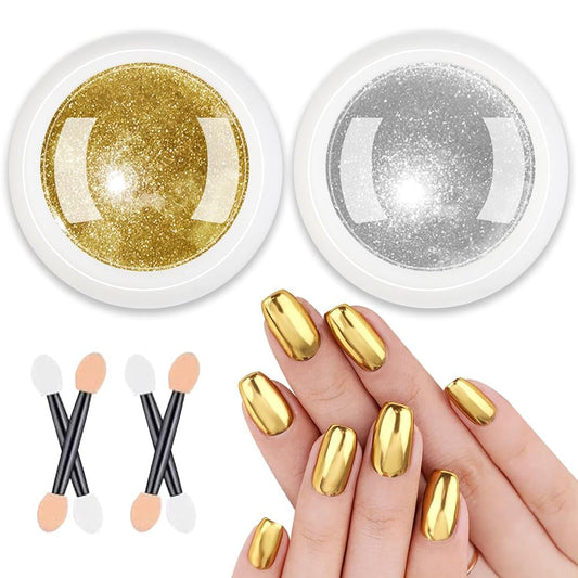 2 Jars Chrome Nail Powder:Mirror Effect Gold Chrome Nail Powder,Metallic Mirror Silver Chrome Powders Decoration for DIY Nail Art,Pigment Holo chrome powder with 4 Eyeshadow Sticks