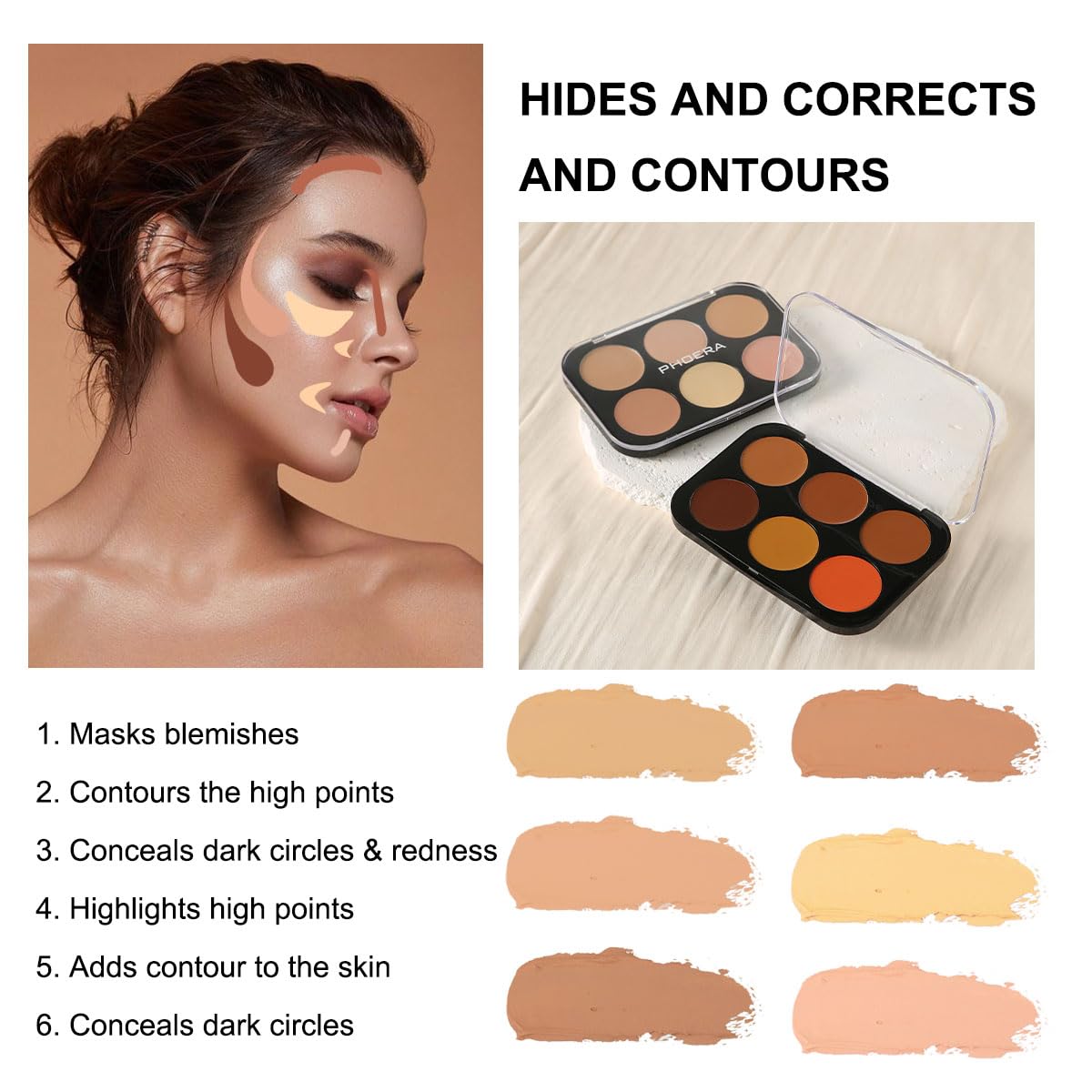 Corlo Contour Palette Concealer Correct, 6 Colors Cream Concealer Full Coverage Foundation Palette for Dark Circles Makeup (Medium)