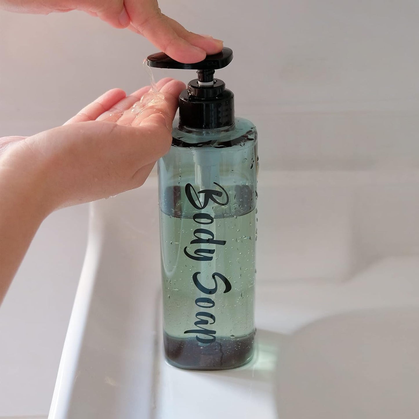 16.9oz Refillable Shower Soap Dispenser with Pump - 3 Chamber No Drill for Shampoo, Conditioner & Body Wash, Blue Clear Plastic Bottle Dispenser, Bathroom Organizer with 6 Waterproof Labels