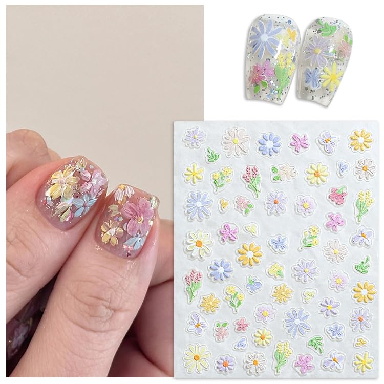 SILPECWEE 8 Sheets Flower Nail Art Stickers 3D Flower Daisy Nail Stickers Self-Adhesive Nail Design Stickers Spring Nail Decals for Nail Art Decoration Accessories