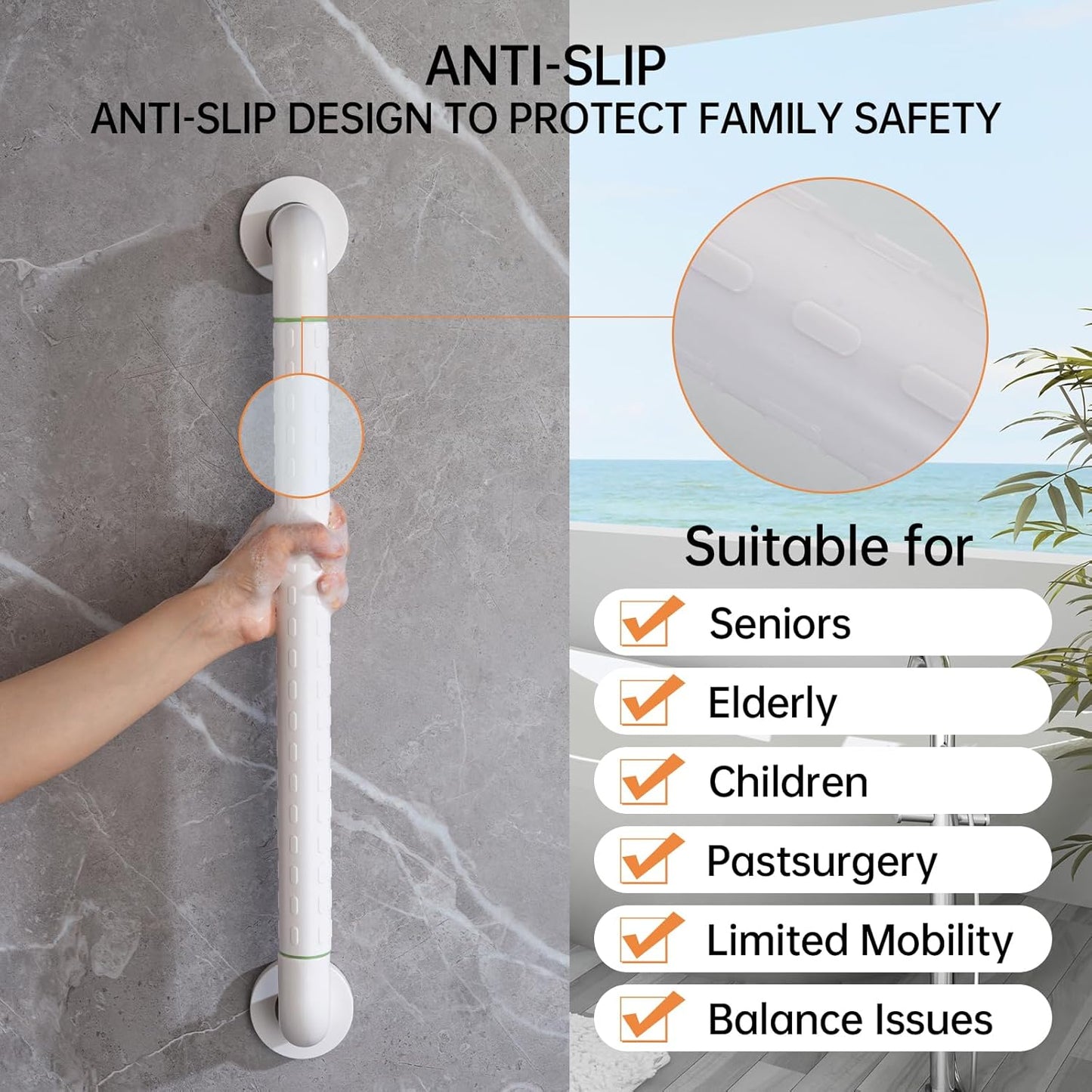 Joyrain 16-inch Bathroom Safety Grab Bar - 500lb Weight Capacity ADA Certified Anti-Slip Handle for Shower/Tub/Toilet, Elderly & Disabled Assist (White(1-Pack), 16 inches (Overall Length 400mm))