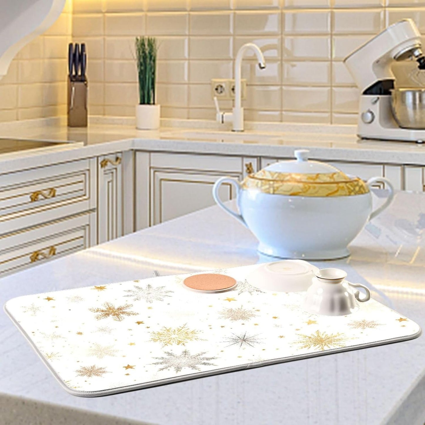 Winter Snowflake White Dish Drying Mat for Kitchen Countertop 16x18 Christmas Snow Golden Xmas Small Drying Mat Reusable Quick Dry Dish Sink Mats Easy Clean Decorative Essentials