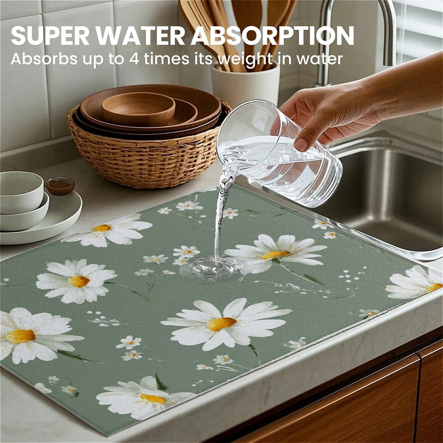 Dish Drying Mat For Kitchen Counter, White Daisy Flowers Microfiber Absorbent Dish Drainer Rack Pad Reusable Large 18x24in Drying Mat