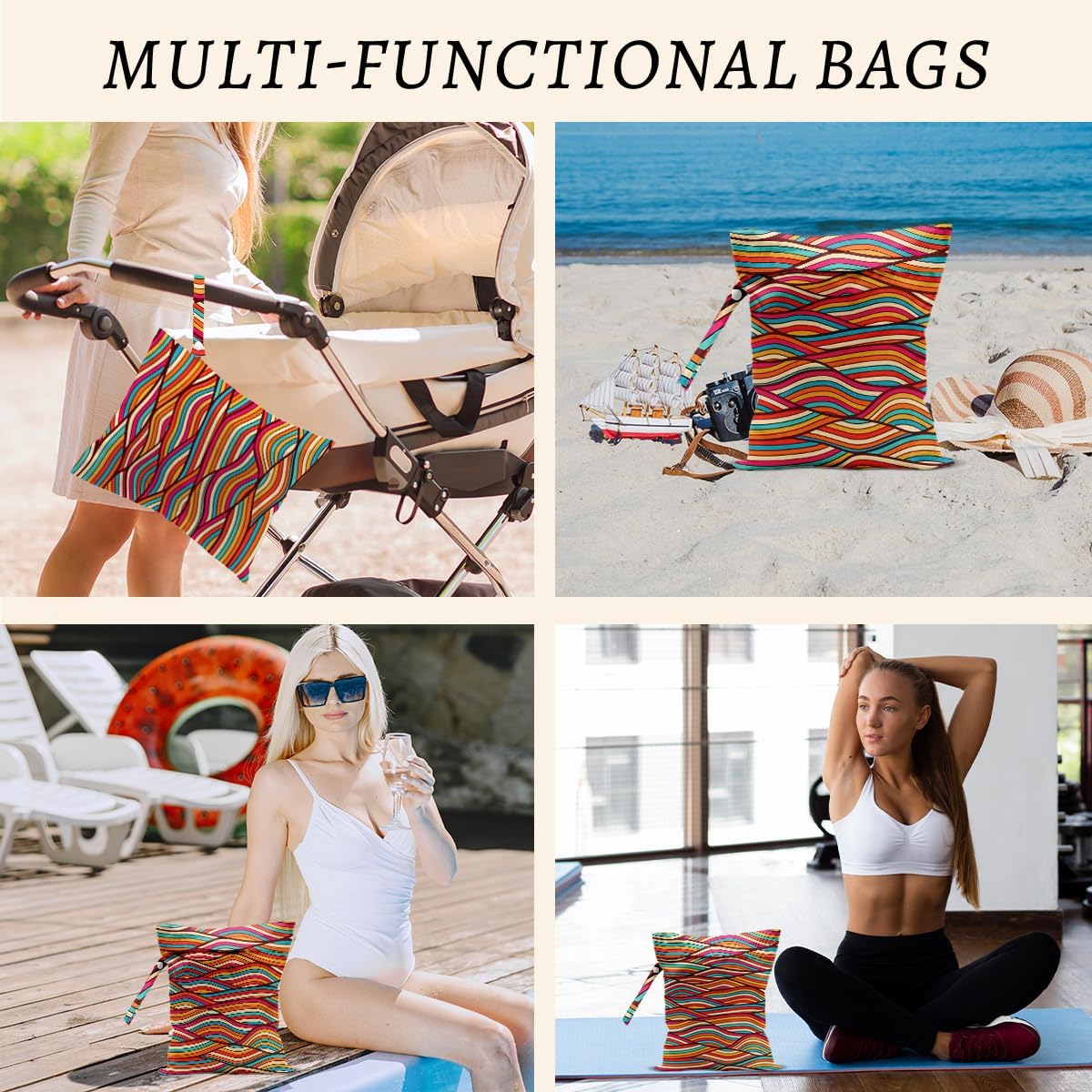 Wave Wet Bags 12x10 Inch, Colorful Wave Waterproof Travel Laundry Bags, Washable Reusable Wet Dry Bag for Swimsuit Pool Beach Diapers Dirty Yoga Gym Clothes, Travel Gifts for Women Friend Travelers