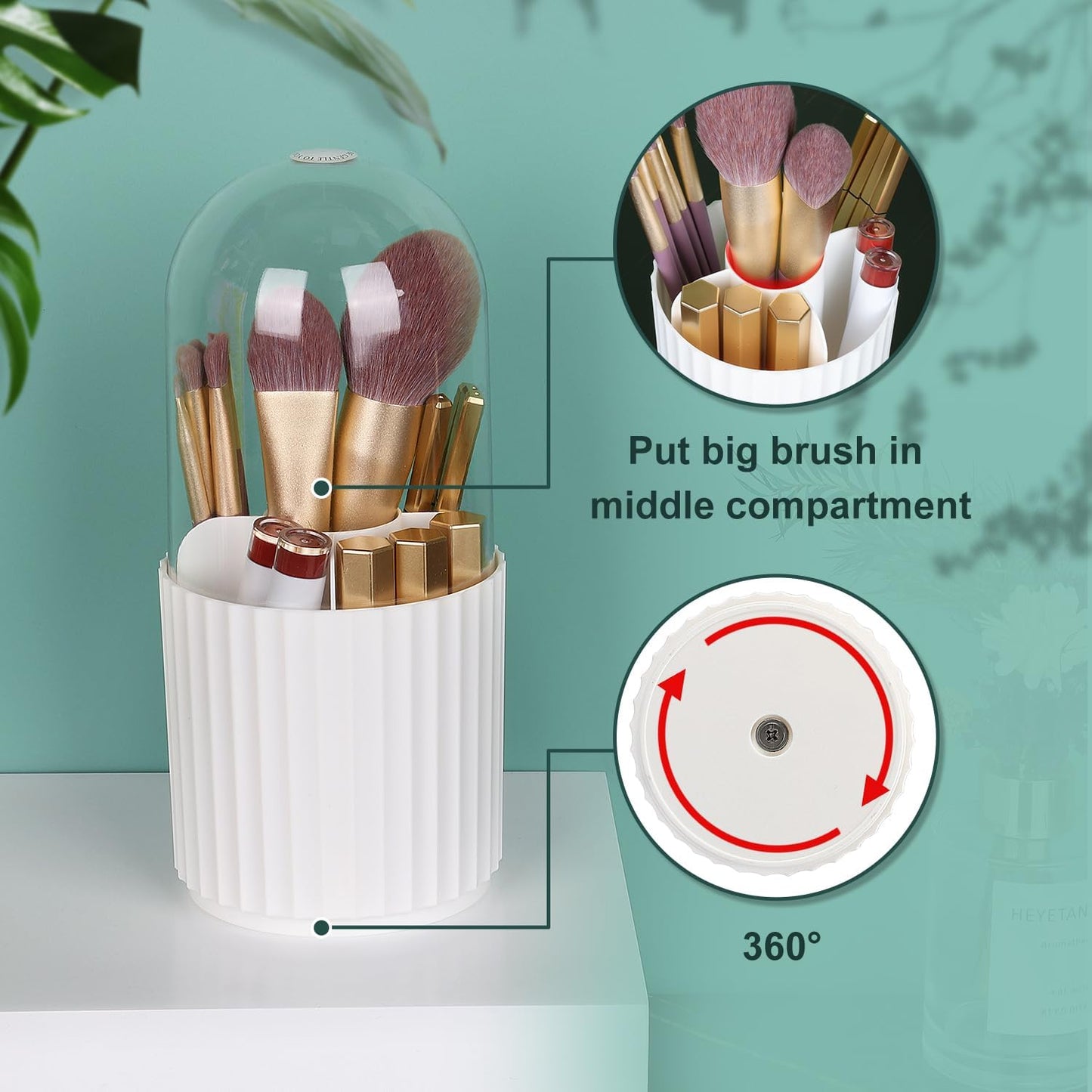 JessLab Makeup Brush Holder Organizer with Lid, 360 Degree Rotatable Makeup Brush Organizer Spinning Cosmetics Holders Brush Storage Box Display for Bathroom Vanity Countertop, White