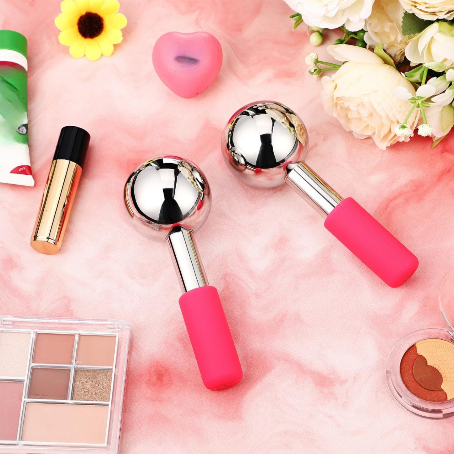 Baderke 2 Pcs Ice Globes for Face Stainless Steel Cooling Globes Unbreakable Cooling Roller Women Ice Balls Cryo Sticks Face Skin Care for Dark Circles, Puffiness(Silver (pink Handle))