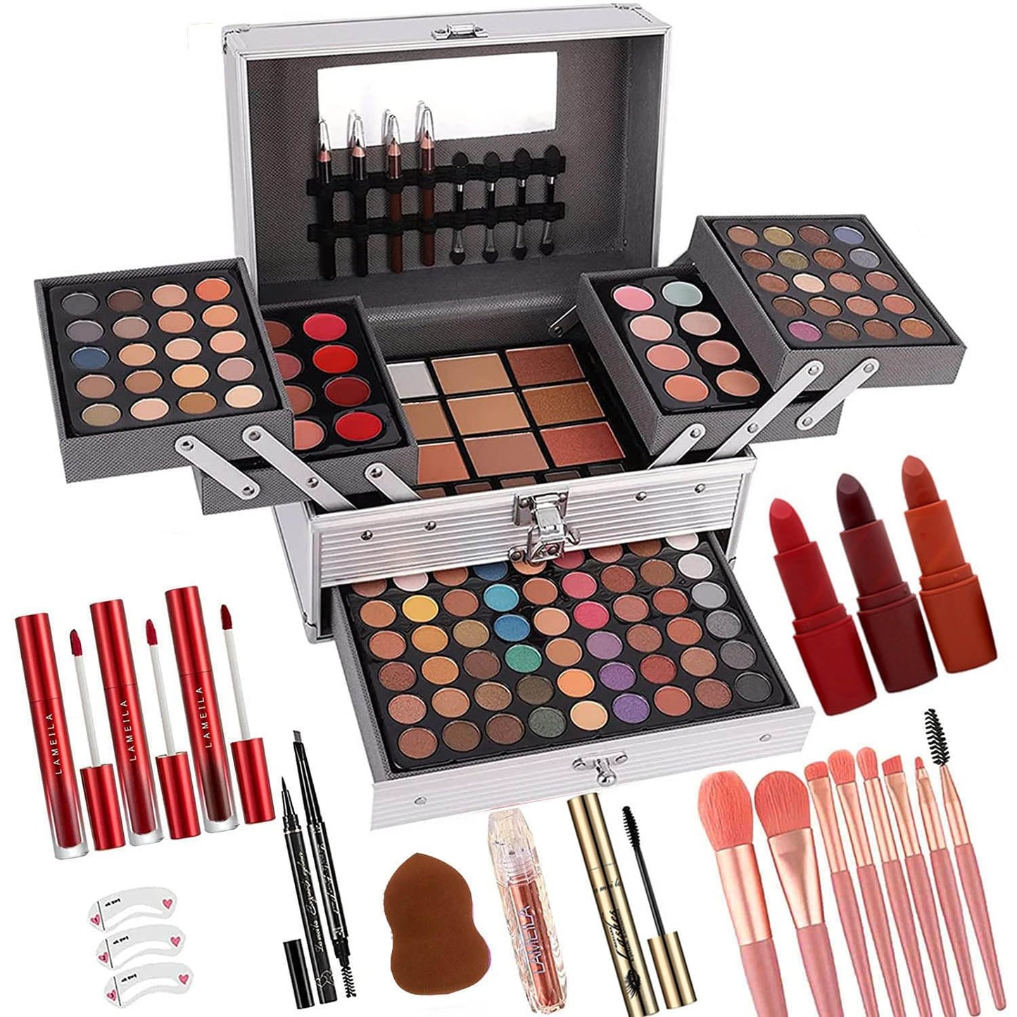 132 Color All- In- One Makeup For Women Full Kit,Professional Makeup Kit,Makeup Gift Set for Women,Girls&Teens,Include eyeshadow/lipstick/concealer/Lip Gloss/Eyeliner/Mascara(006N2-Silver)