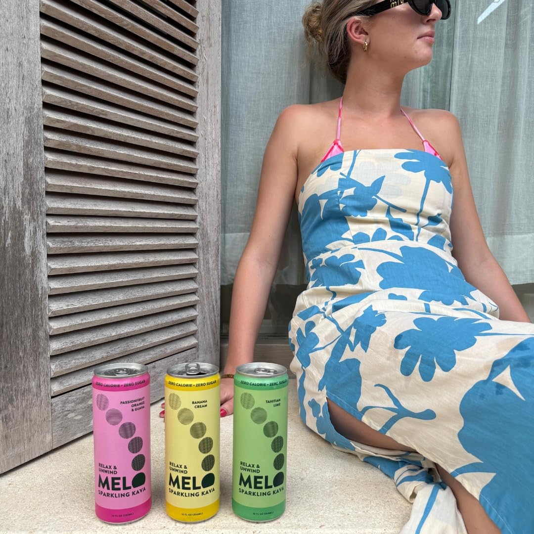 Melo Sparkling Kava Drink, Variety Pack, Sugar Free Non Alcoholic Drinks with Zero Calories, Gluten Free, Vegan, 100% Natural Mocktail with 750mg Kava Root per Drink, 12 Pack, 12 oz Cans