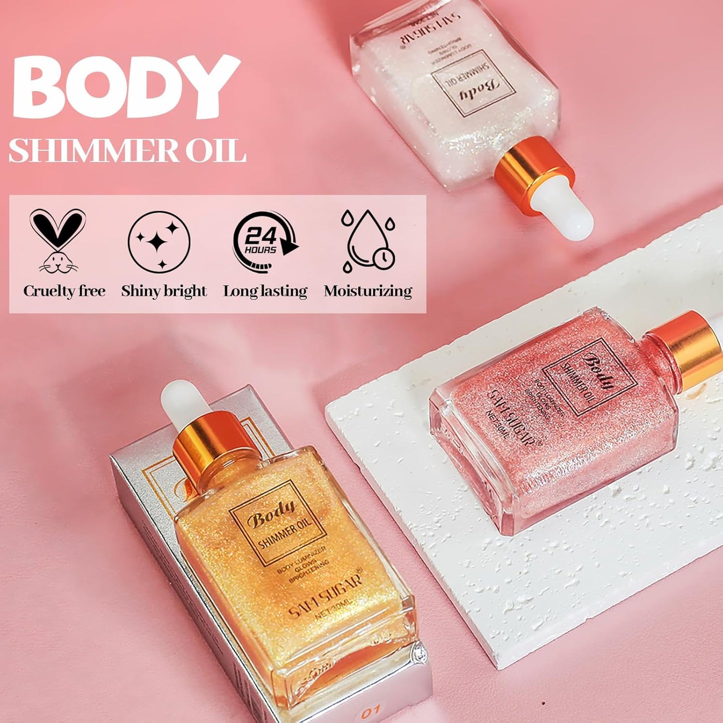 Shimmering Body Oil,Face & Body Glitter Makeup Liquid Highlighter, Moisturizing Body Glitter Dewy Highlighter,Long Lasting Highlighter Face Brighten,Liquid Face Glow Sparkles Body Oil for Women