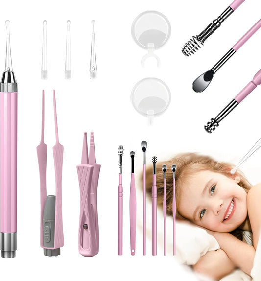 15 Pack Ear Wax Removal Tool Kit with Light - LED Ear Cleaning Kit, Ear Wax Removal for Kids and Adults, Ear Cleaning Tool, Ear Picker Spoon & Ear Tweezers & Spiral Spring Ear Spoon Pink