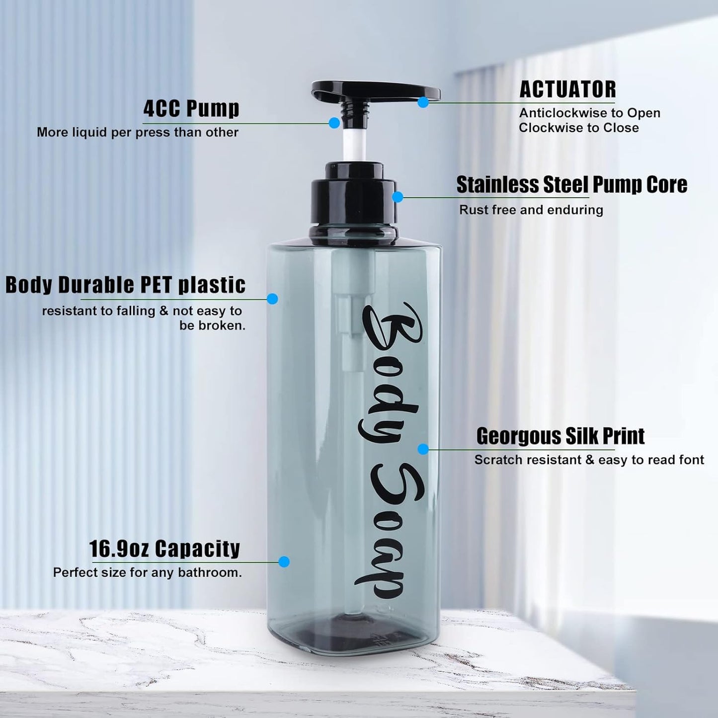 16.9oz Refillable Shower Soap Dispenser with Pump - 3 Chamber No Drill for Shampoo, Conditioner & Body Wash, Blue Clear Plastic Bottle Dispenser, Bathroom Organizer with 6 Waterproof Labels