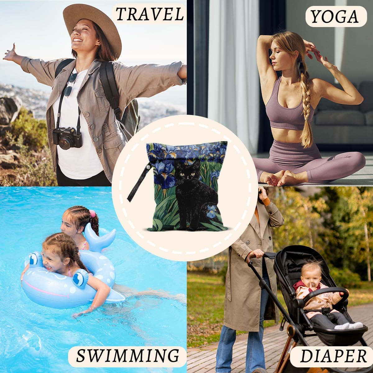 2Pcs Cat Wet Bags 12x10 Inch, Flowers Waterproof Travel Laundry Bags, Colorful Floral Reusable Wet Dry Bag for Swimsuit Beach Diapers Dirty Yoga Gym Clothes, Cat Gifts for Women Friend Travelers