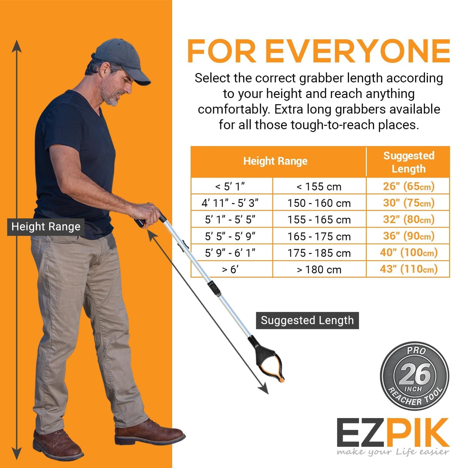 EZPIK® Grip Aid Tool Grabber Reacher + Magnets - Grabbers for Seniors, Trash Picker Upper Grabber - Trash Grabber Tool- Reacher Grabber Pickup Tool (Silver, 26" (Pack of 2))