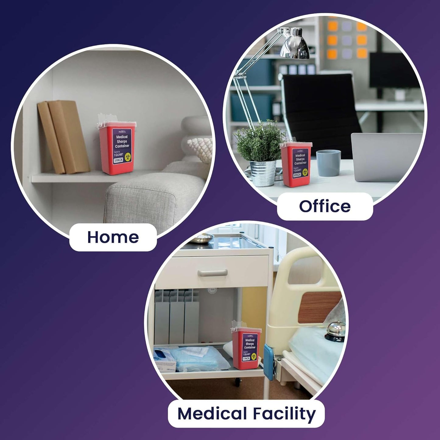 Small Sharps Containers for Home Use, 3 Pack - 1 Quart Needle Disposal Container for Diabetes Needles, Syringes, and Blades - Portable Travel Size for Biohazard Medical Waste