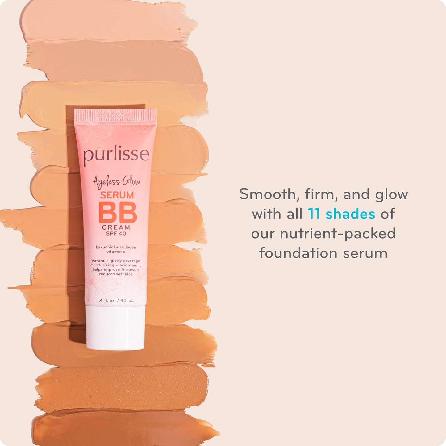 pūrlisse Ageless Glow Serum BB Cream SPF 40 - Glow BB Cream with SPF Enriched with Bakuchiol & Vitamin C to Help Improve Firmness & Reduce Wrinkles for Dewy Skin - Medium (1.4 oz)
