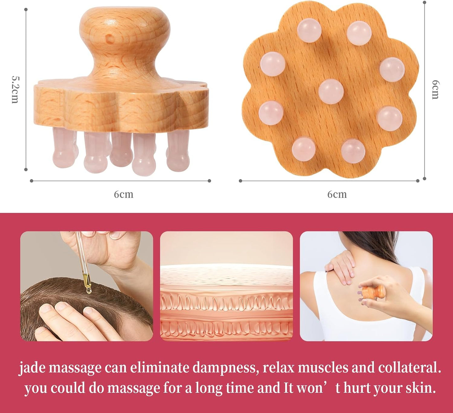 Natual Jade Massage Head, with Wooden Hander Comb,for Scalp Massager, Head Ficial, Body Acupressure Tool,gua sha Scraping, Relieve Fatigue,Stress Relax Device,for Hair Growth (Pink)