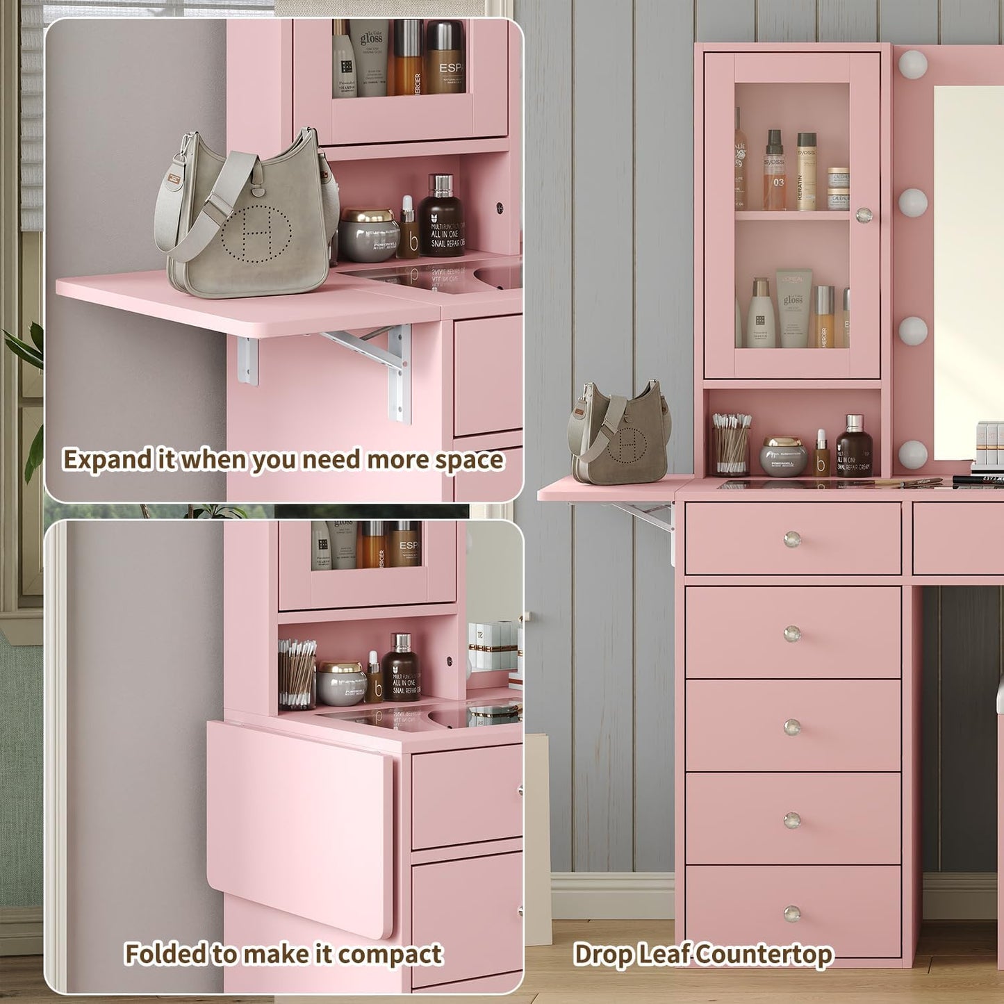Vanity with Mirror and 10 LED Lights,Vanity Desk with Power Outlet, Makeup Vanity with 12 Drawers and 2 Cabinets, Fold-up Panel, Glass Top Vanity Table with Chair for Bedroom, Pink