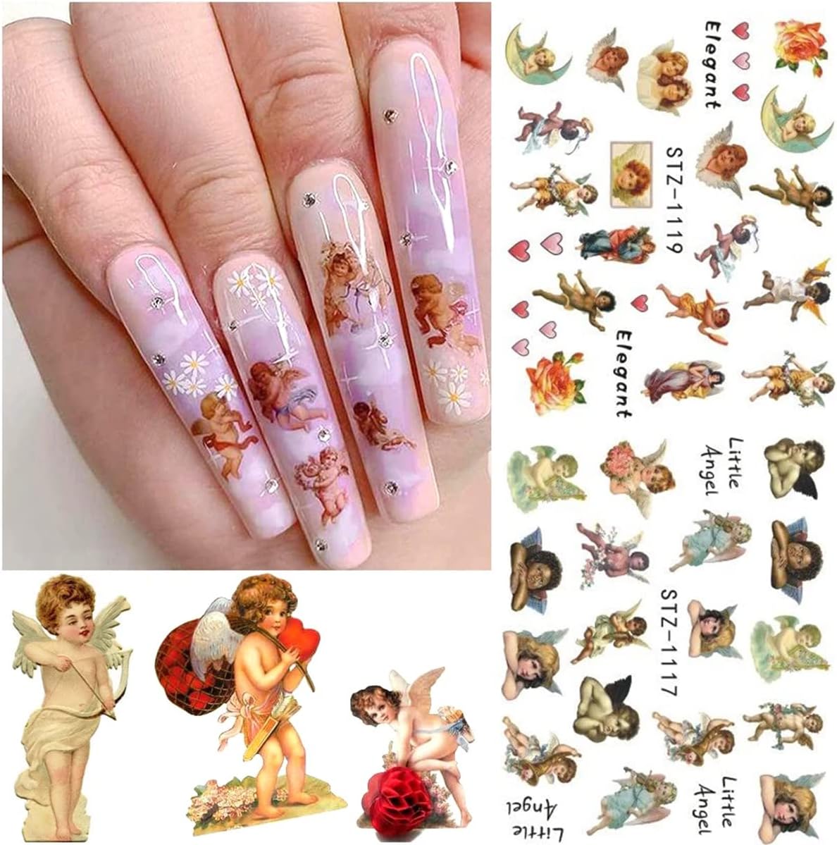 8 Sheets Valentine's Nail Art Stickers - Angel Cupid Water Transfer Foil Decals - Heart Designs for Women Girls - Nail Art Decorations