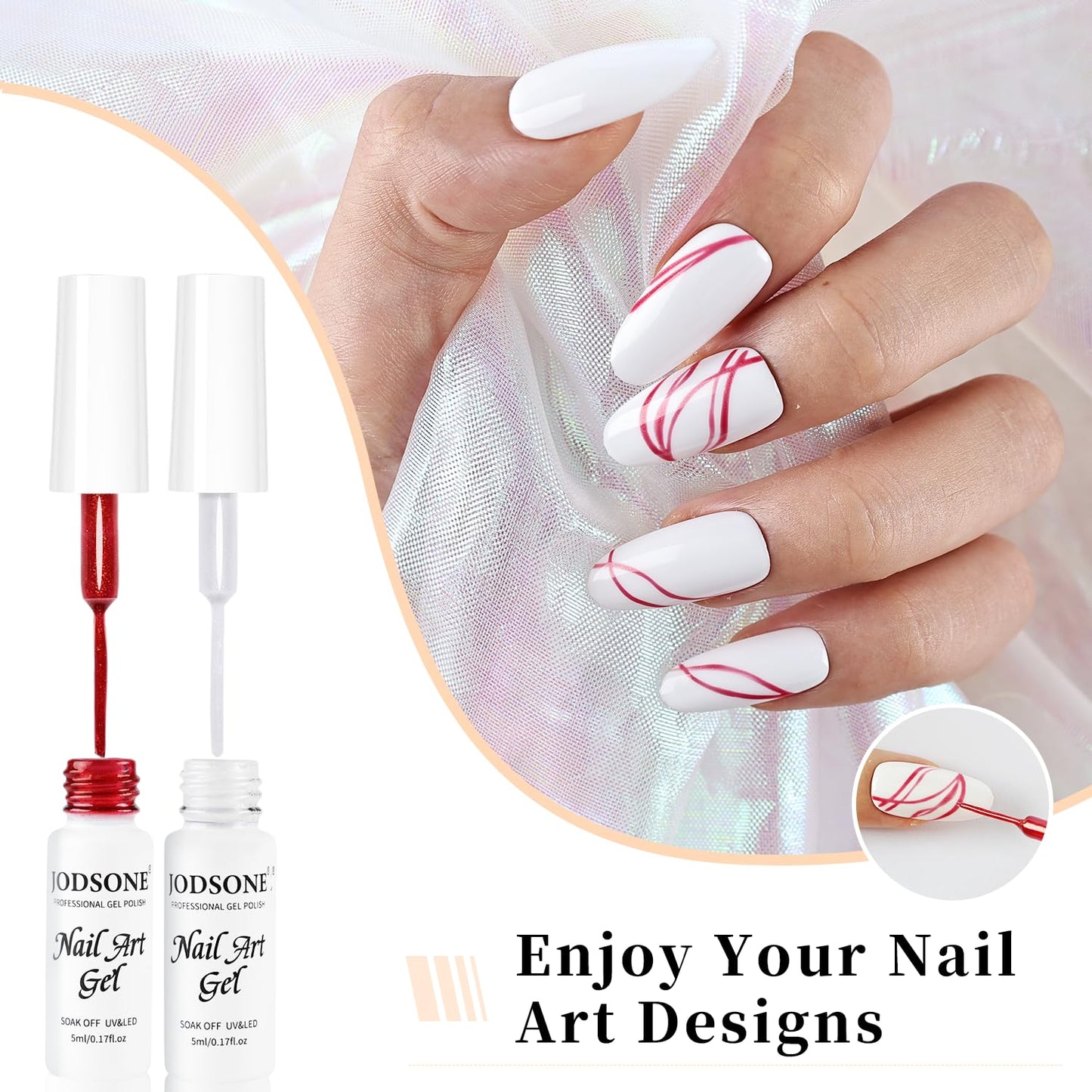 JODSONE Nail Art Gel Liner Set 10 Colors Glitter Red Black Pink Gel Nail polish Need U V Lamp Cured with Thin Brush at Home Salon Design