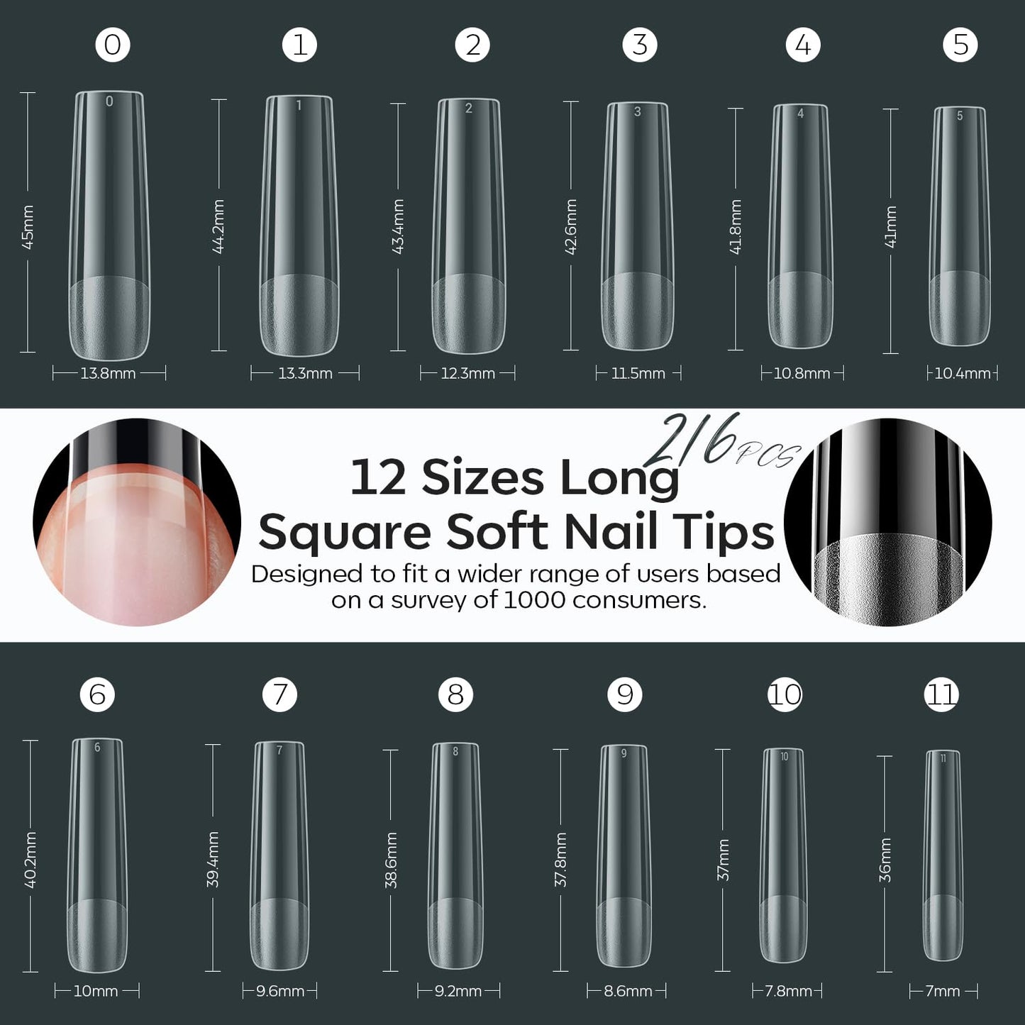 modelones XXL Long Square Nail Tips, Pre-shaped Soft Gel Tips Fake Nails False Acrylic Clear Full Cover Press on Extension Kit Gel Manicure DIY at Home 216PCS 12Sizes