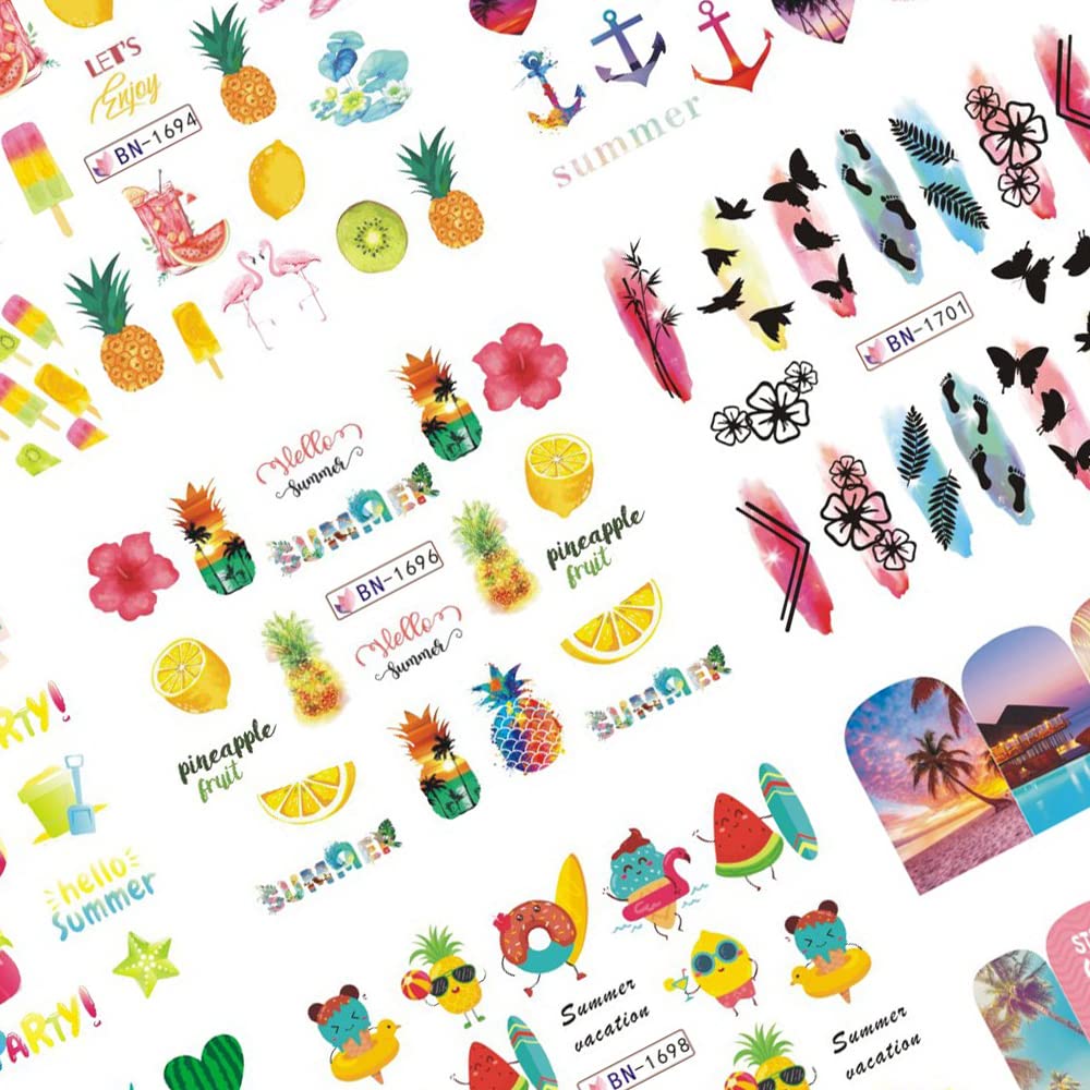 ROMODIYA Summer Nail Stickers & Decals, 12 Sheets, Multicolor Fruits & Flamingo Tropical Designs, Water Transfer Nail Decals for Women & Girls, DIY Nail Art Accessories