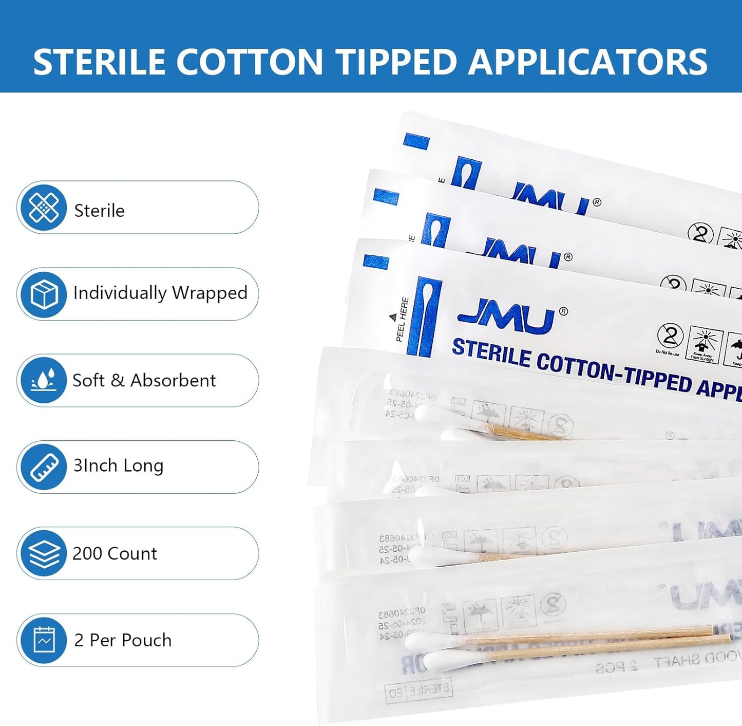 JMU Sterile Cotton Tipped Applicators, 2000 Sterile Cotton Swabs Wood Shaft Medical (10 Box, 3 Inch)