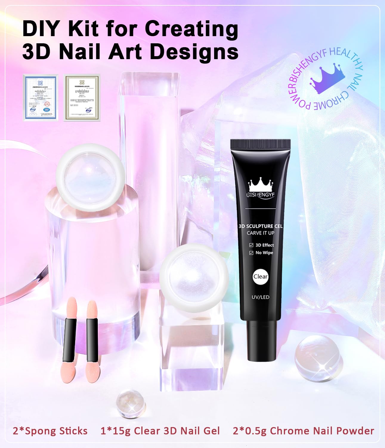 Clear 3D Nail Gel BISHENGYF: Super Shiny Pink White Clear Chrome Nail Powder 15g No Wipe 3D Sculpting Gel for Nail Art Non-Sticky Hand Hard Gel with Chrome Powder for Nails Art Home DIY