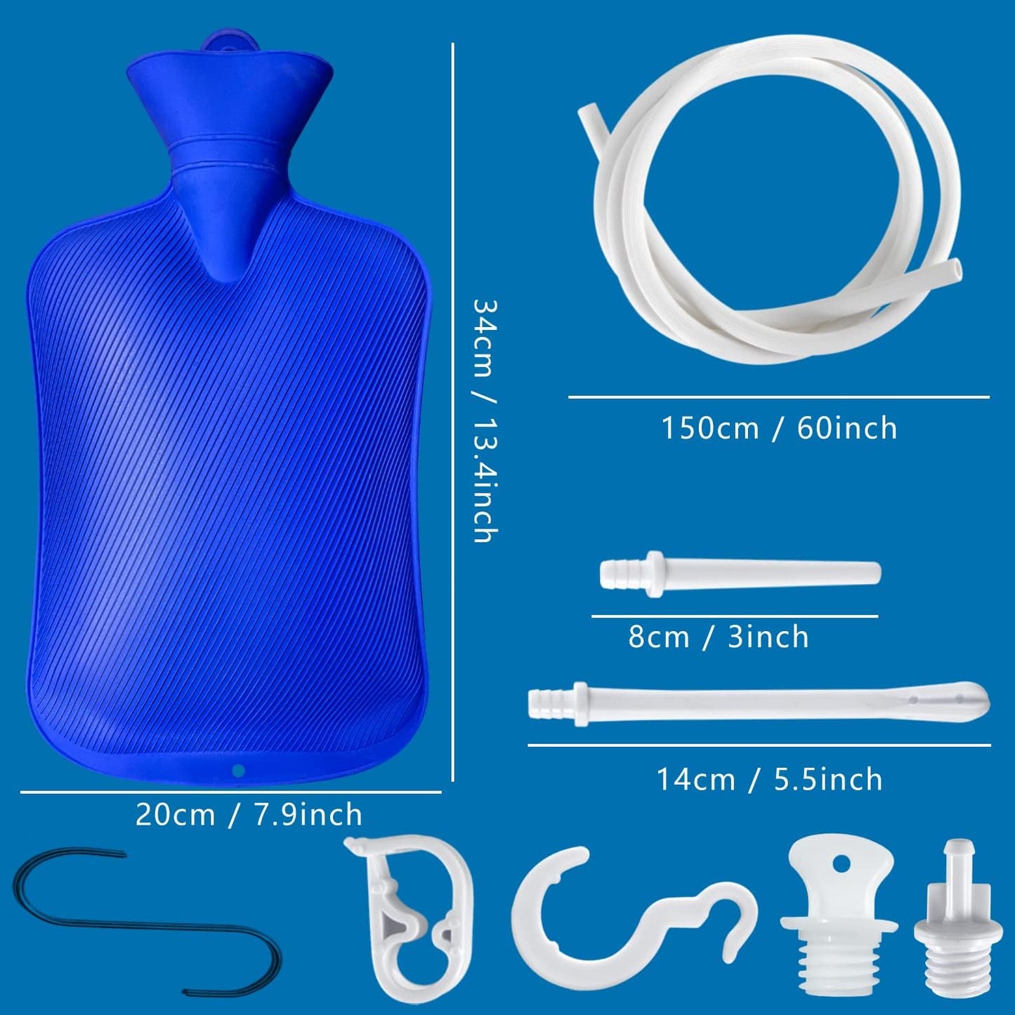 2 L Home Enema Bag Kit with 2 Enema Tips,60 inch Long Silicone Hose, Controlable Water Flow Valve, Hot-Water Bottle for Colon Cleansing Enemas(Blue)