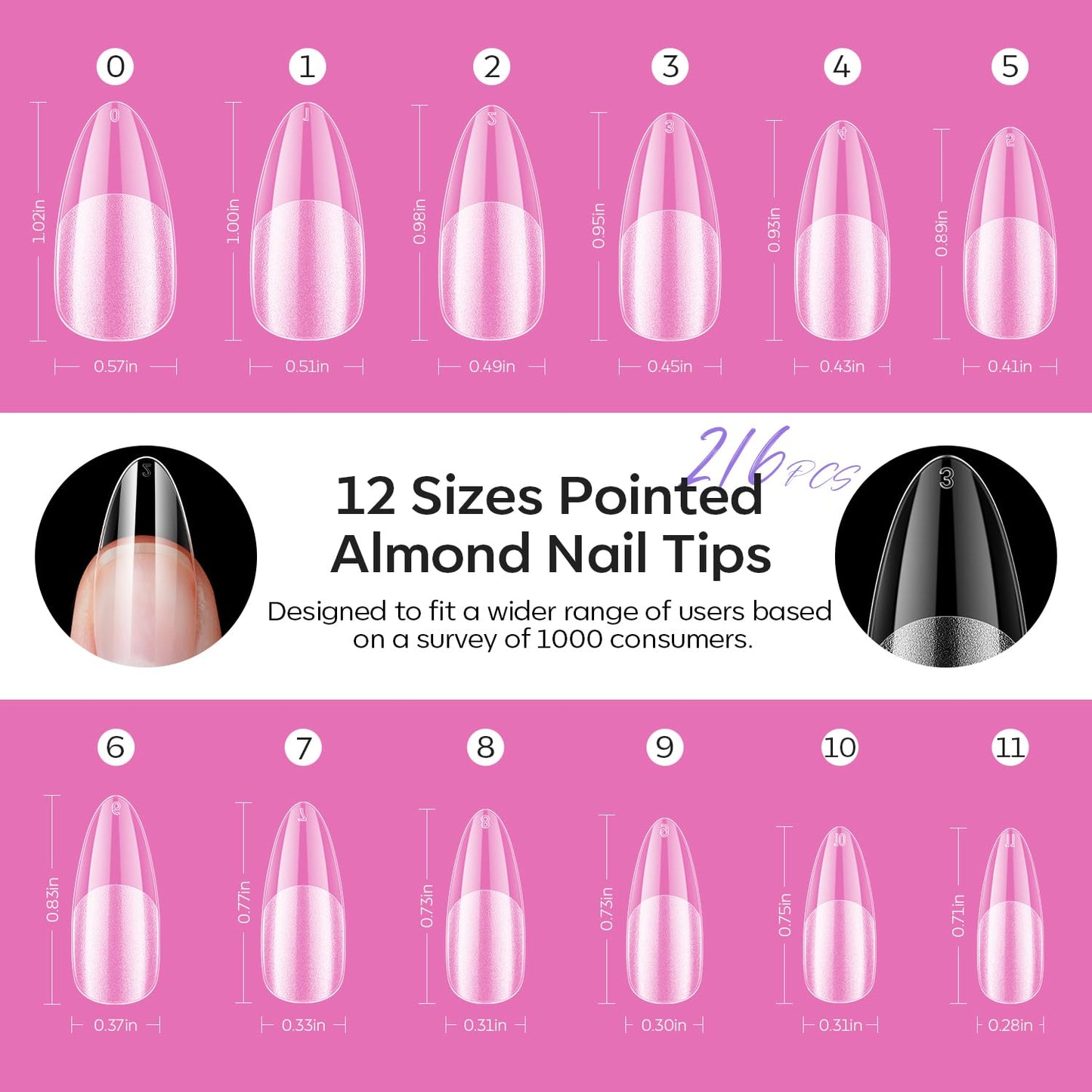 modelones Pointed Almond Nail Tips, Medium Pre-shaped Soft Gel Tips Fake Nails False Acrylic Clear Full Cover Press on Extension Gel Kit Manicure DIY at Home 216PCS 12Sizes