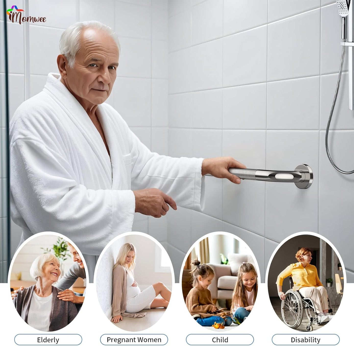 2 Pack 24 Inch Shower Grab Bar with Anti-Slip Grip, iMomwee Chrome Stainless Steel Bathroom Grab Bar Handle, Shower Balance Bar, Safety Hand Rail Support, Handicap Elderly Senior Assist Bath Handle