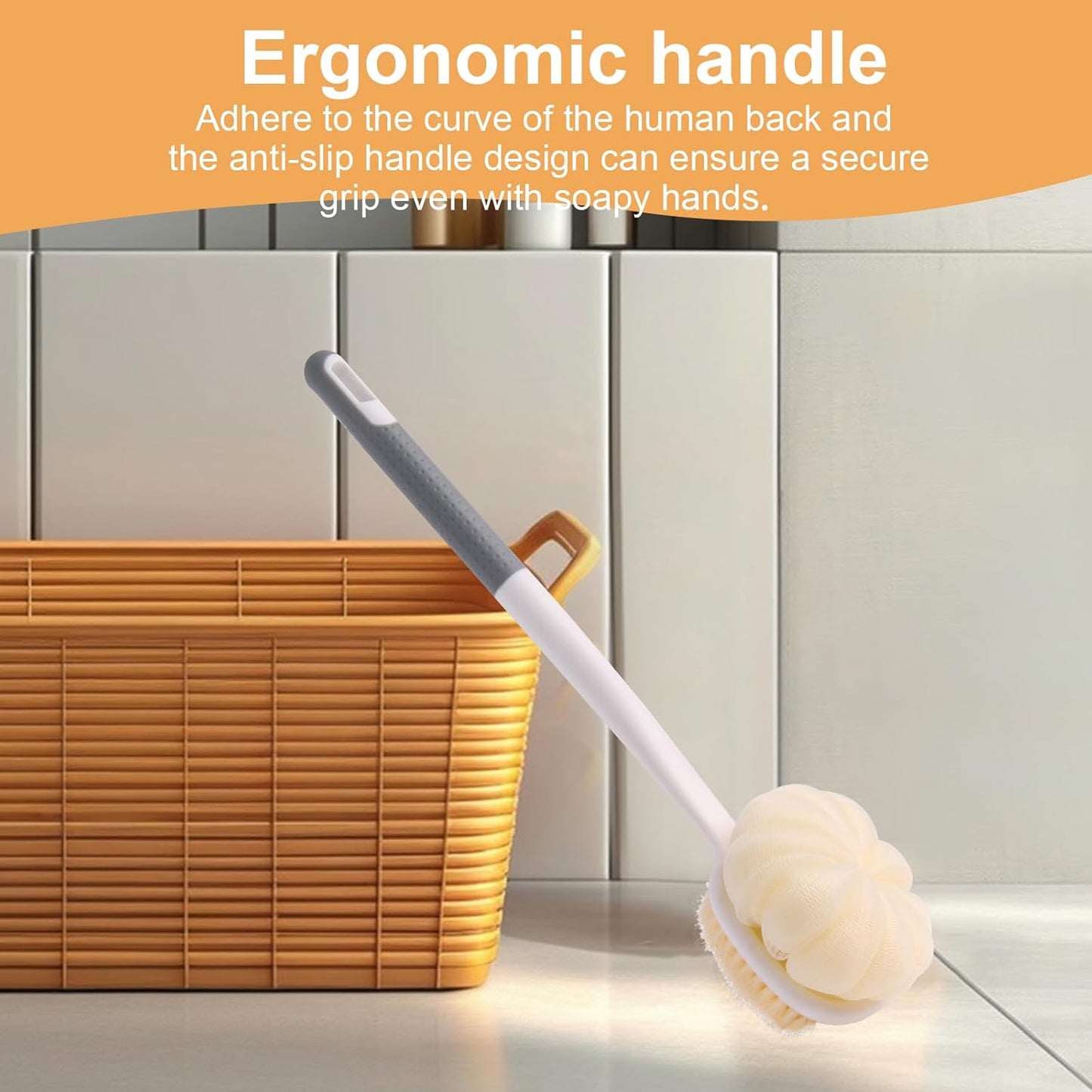 Long Handled Shower Brush for Cleaning Body,Double-Sided Bath Brush for Massage with Bristles and Loofah,Body Brush Exfoliator Mesh Sponge for Women and Men(Gray)