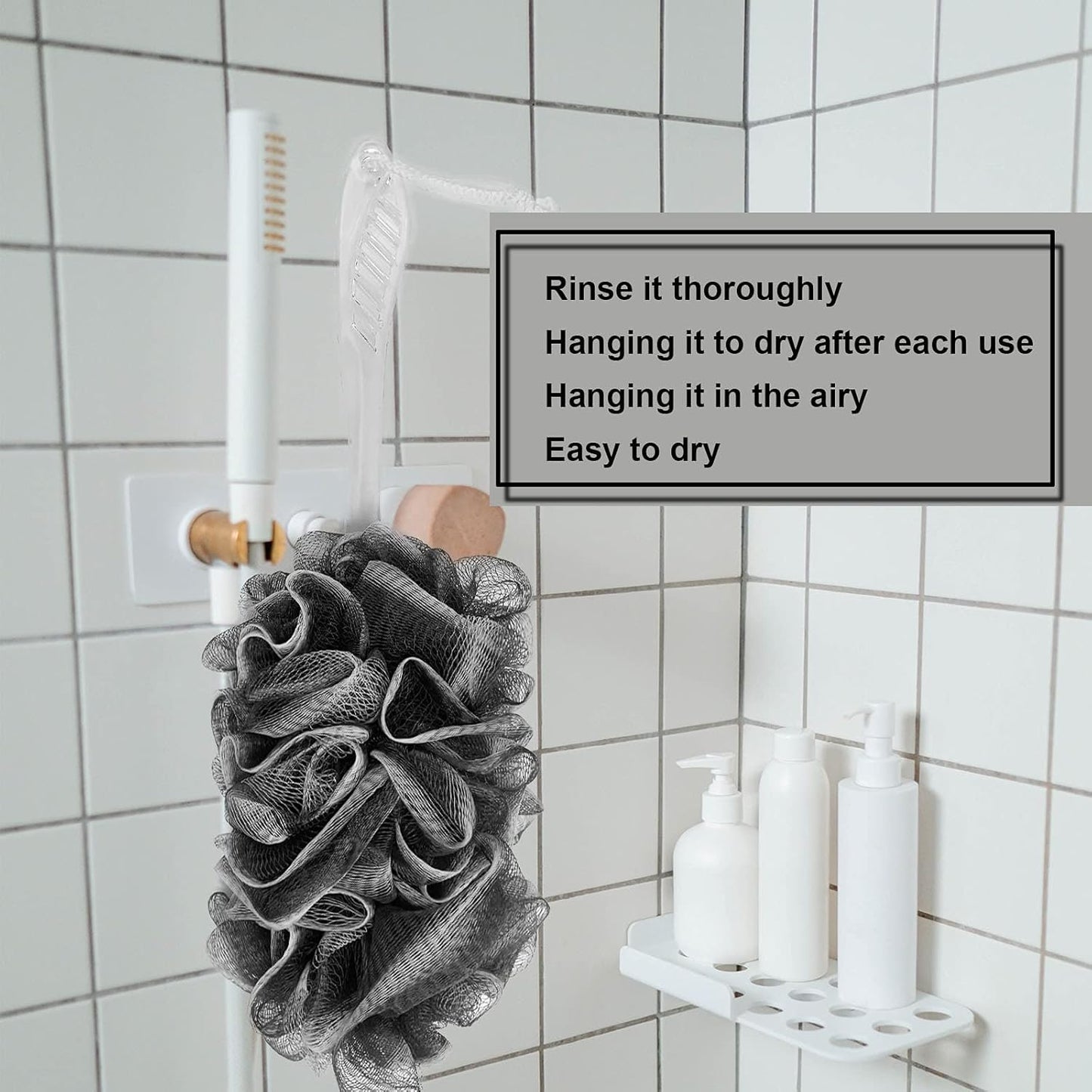 Black Charcoal Loofah for Mens - Back Loofah Scrubber with Handle - Long Handle Bath Brush - 2 Pack