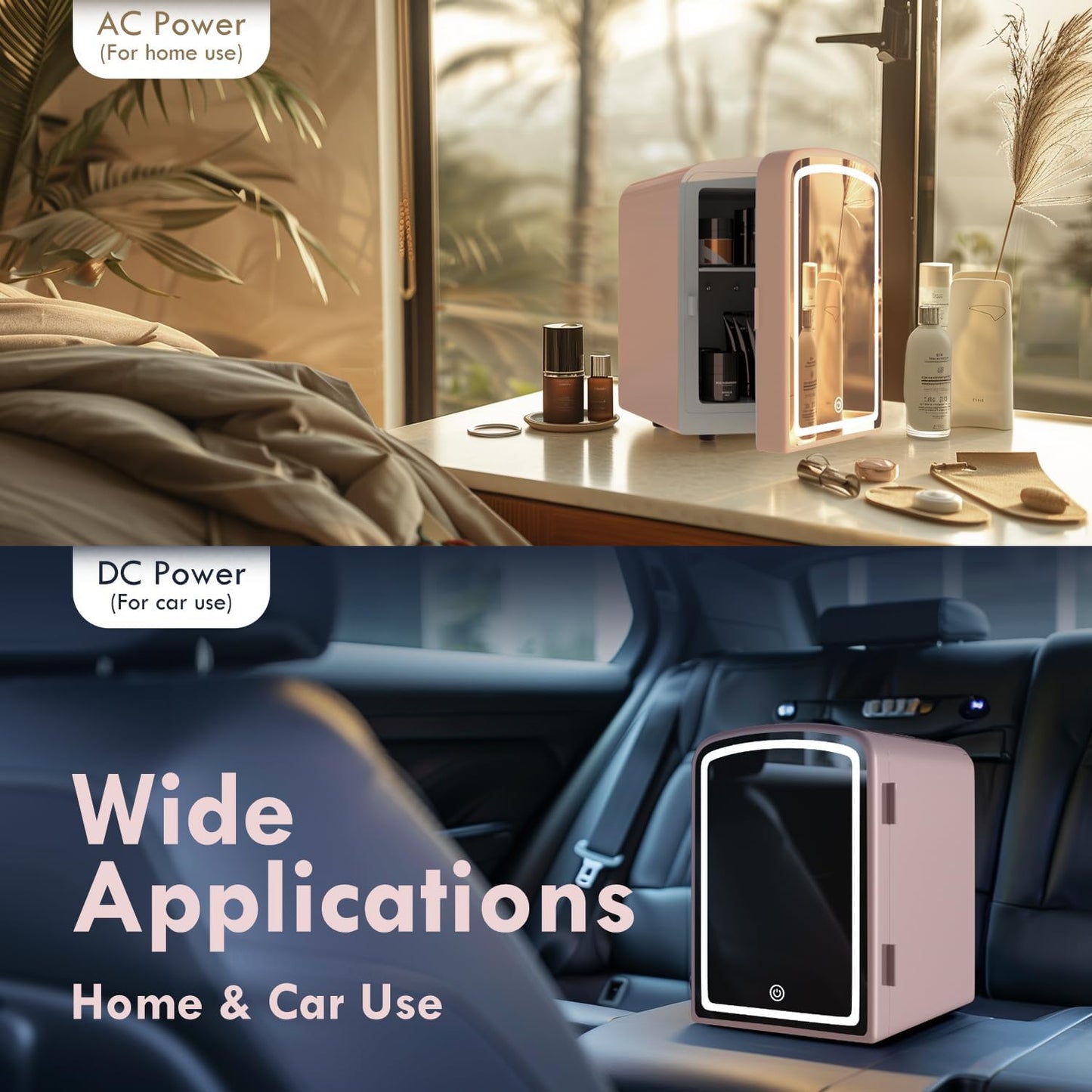 Mini Fridge for Skin Care, 4 Liter Portable Small Fridge with Dimmable LED Mirror, Hot or Cold Personal Beauty Refrigerator for Bedroom, Office, Car, Makeup(Pink)