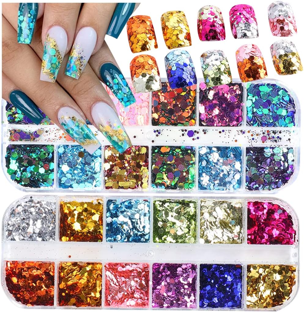 2 Boxes 24 Colors Chameleon Holographic Glitter Mermaid Nail Art Sequins 3D Flakes Laser Gradient Nail Glitter Design Shiny Glitters Powder Accessories for Women Manicure DIY Decorations